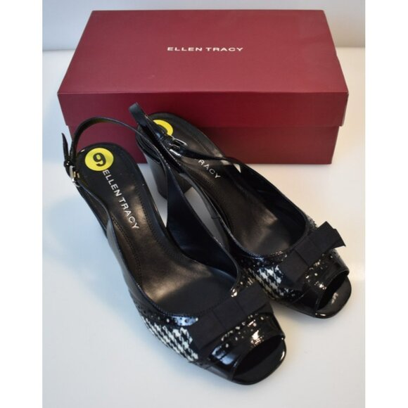 Ellen Tracy Checkered Platform Heels Square Toe Size 9 New ET-Jillian 2 Bow - Picture 1 of 10